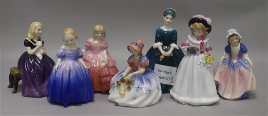 Seven Royal Doulton figurines: Marie HN1370 Sharon HN3047 Monica HN1467 Affection HN2236 Dinky Do HN1678 Rose HN1368 Cherie HN23